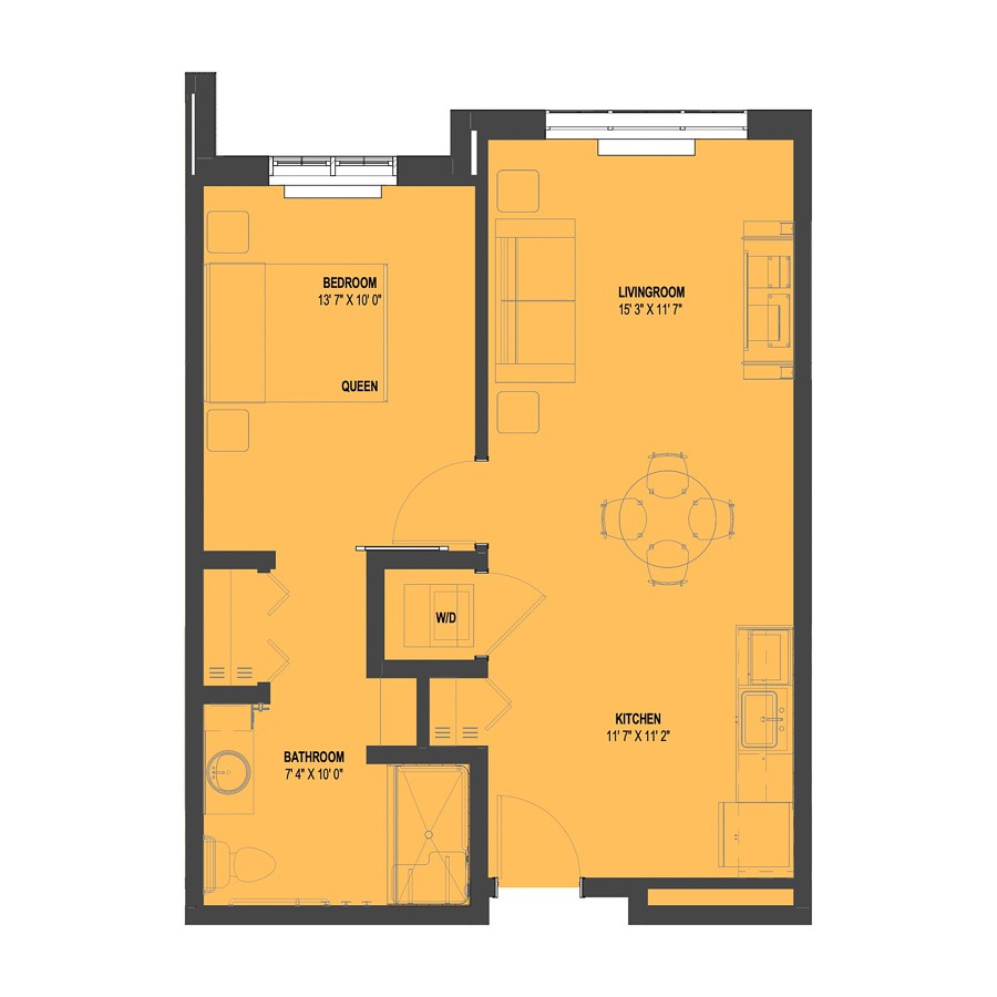 A floor plan layout of an apartment with multiple rooms.