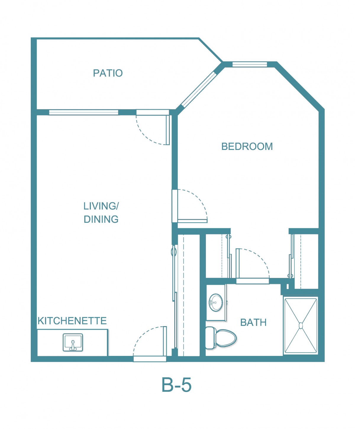 Floor plan of an apartment featuring a patio, living/dining area, kitchen, bedroom, and bathroom.