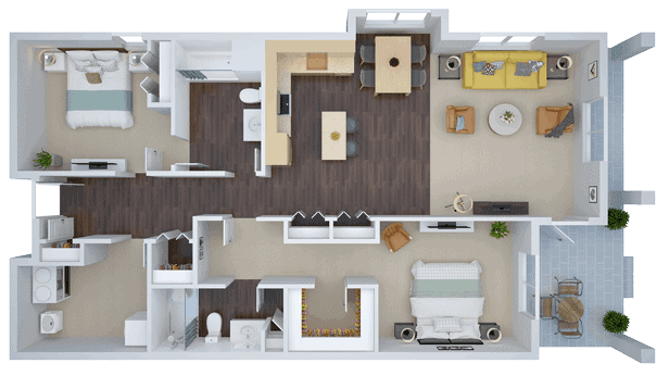 A detailed floor plan of a modern apartment showcasing the layout and furniture arrangement.