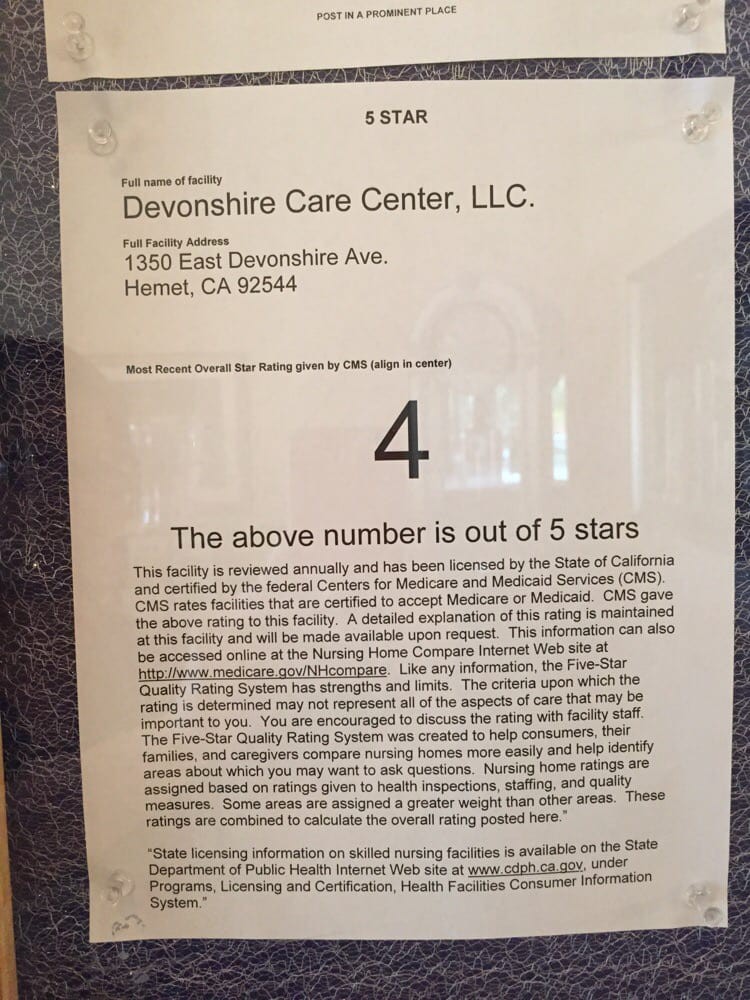 An informational sign displaying a 4-star rating for Devonshire Care Center, located at 1350 East Devonshire Ave, Hemet, CA.