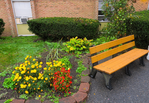 A tranquil garden area featuring a wooden bench surrounded by colorful flowers and neatly trimmed bushes.