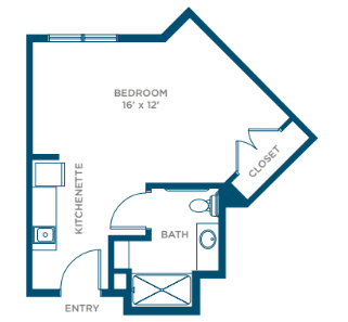 Floor plan of a studio apartment with designated areas for a bedroom, kitchenette, bathroom, closet, and entry.
