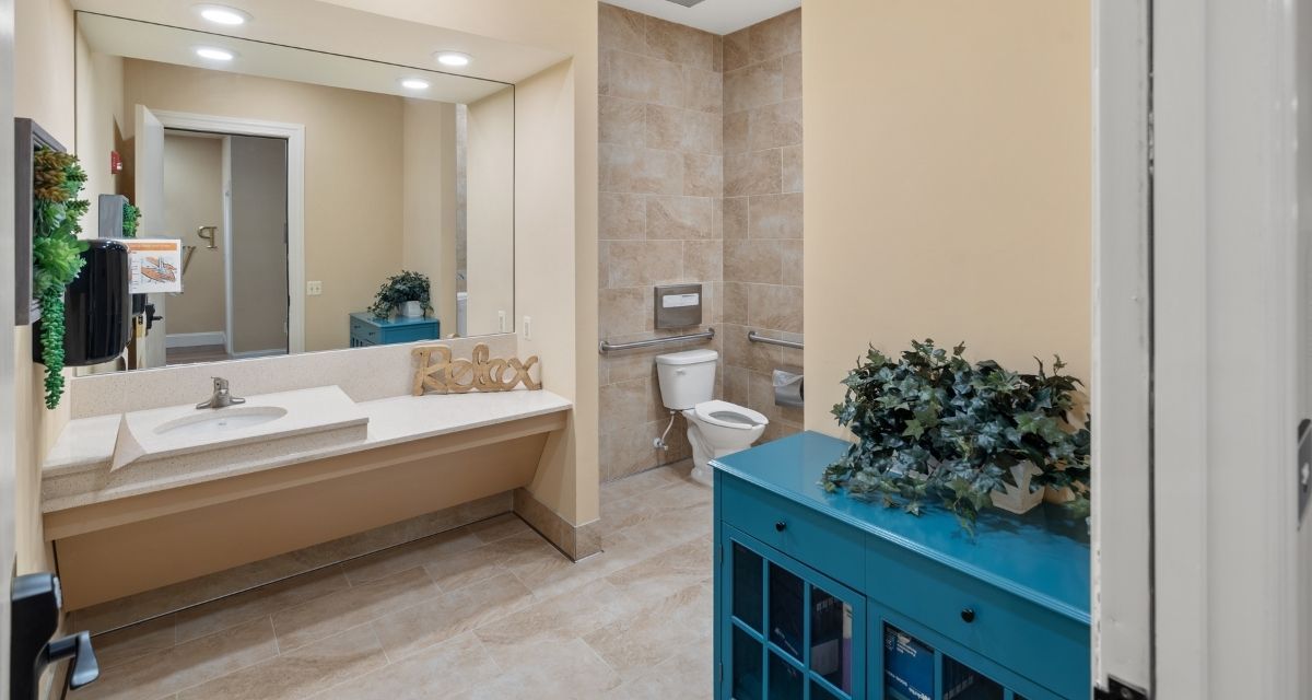 A modern bathroom featuring a toilet, large mirror, and a blue cabinet with decorative elements.