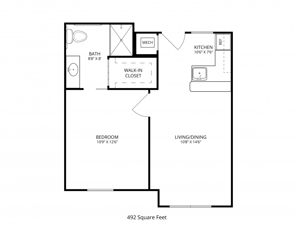 A floor plan of a one-bedroom apartment featuring a living room, kitchen, bathroom, and walk-in closet.