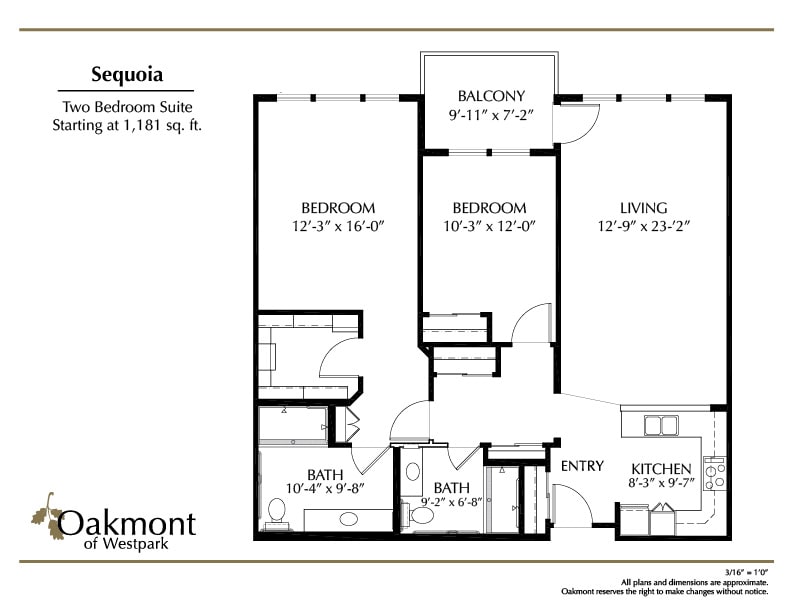 Floor plan of a three-bedroom apartment suite with detailed room dimensions.