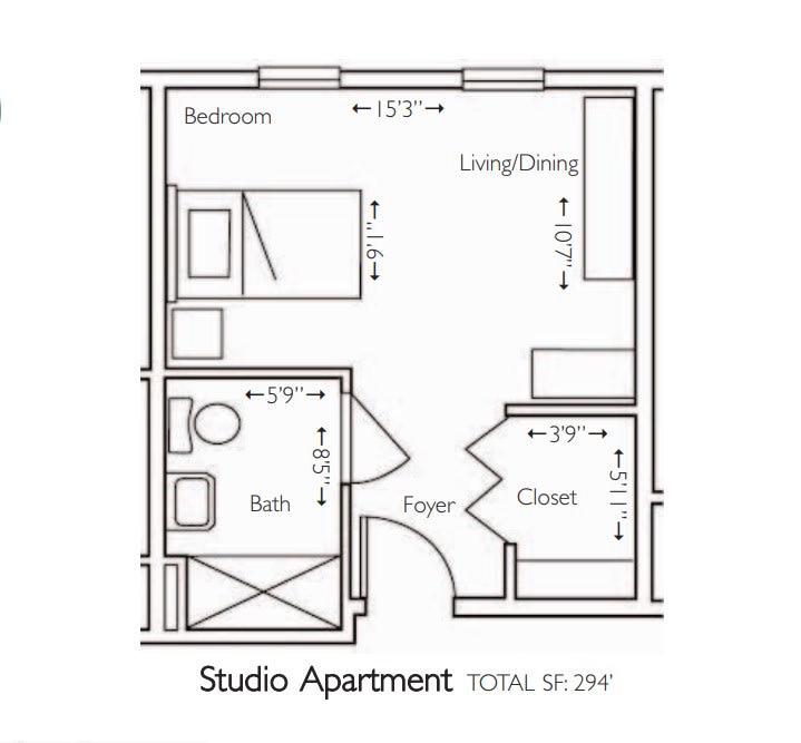 Studio apartment floor plan with bedroom, living/dining area, bathroom, and closet.