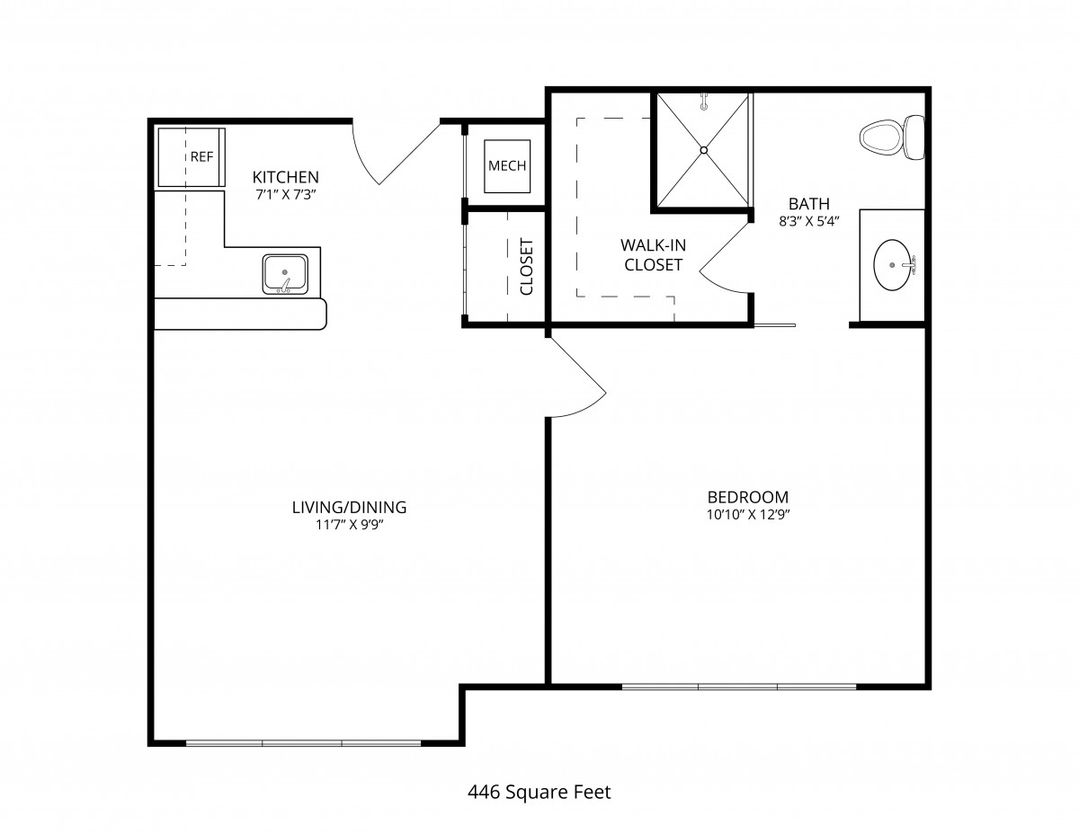 A floor plan of a one-bedroom apartment with labeled areas including kitchen, living room, bathroom, and closet.