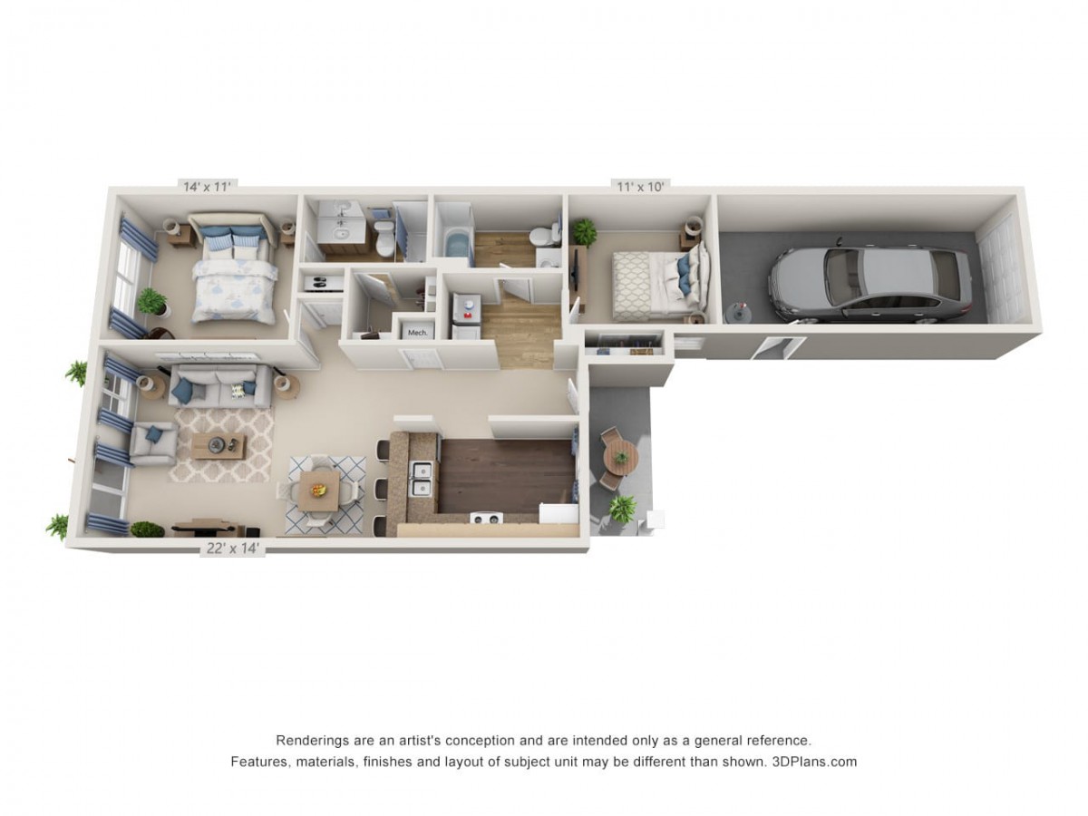 A detailed floor plan of a residential apartment, showcasing the layout of rooms and spaces including bedrooms, kitchen, living area, and garage.