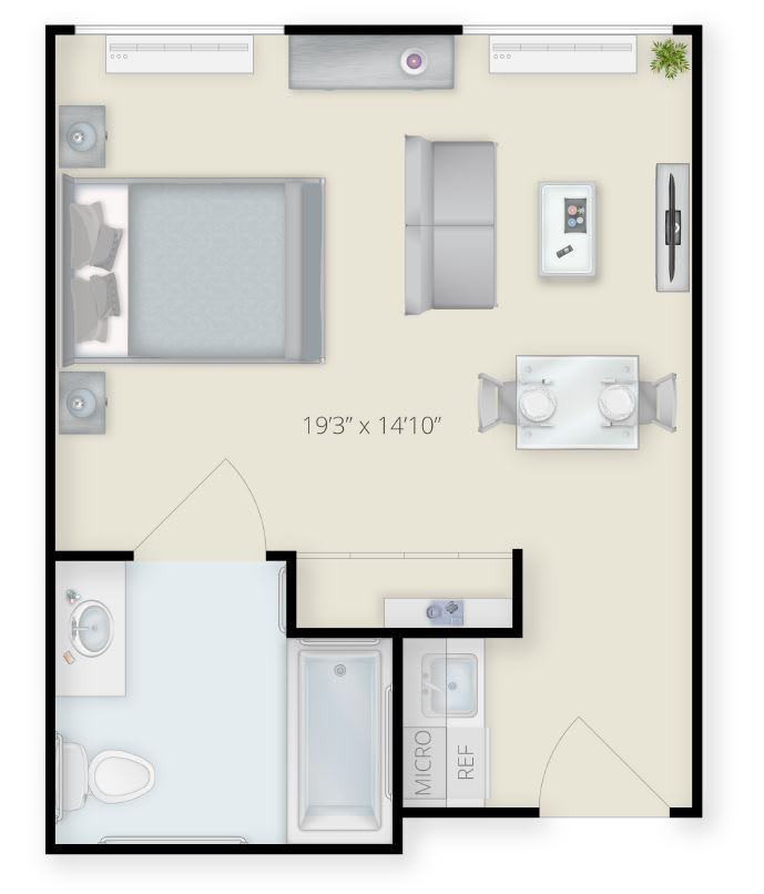 A floor plan of a studio apartment showing the layout and furniture arrangement.