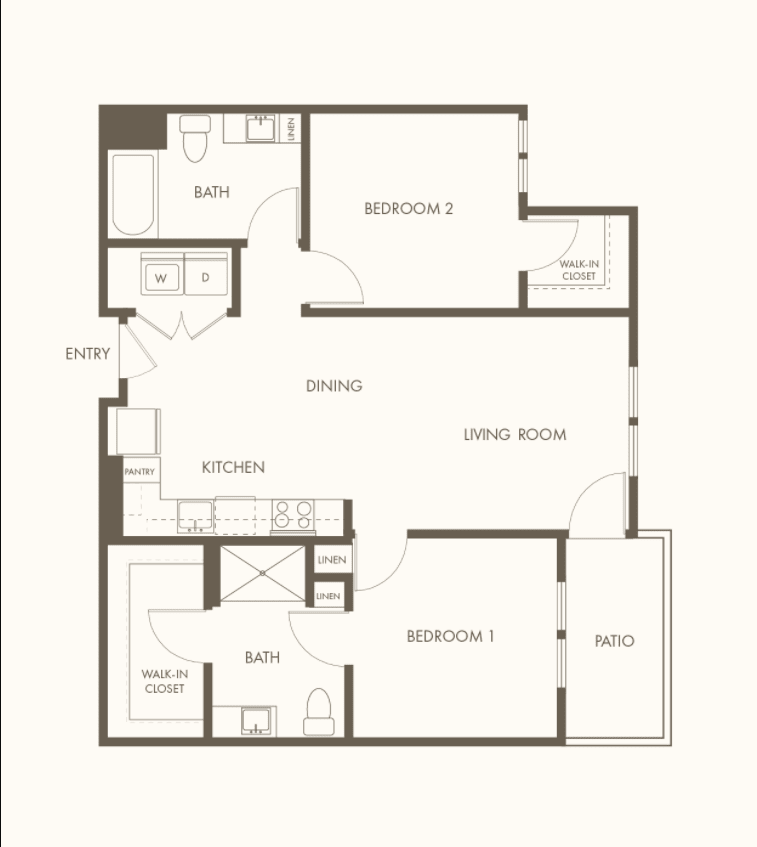 A floor plan of a two-bedroom apartment with designated kitchen, living area, and bathrooms.