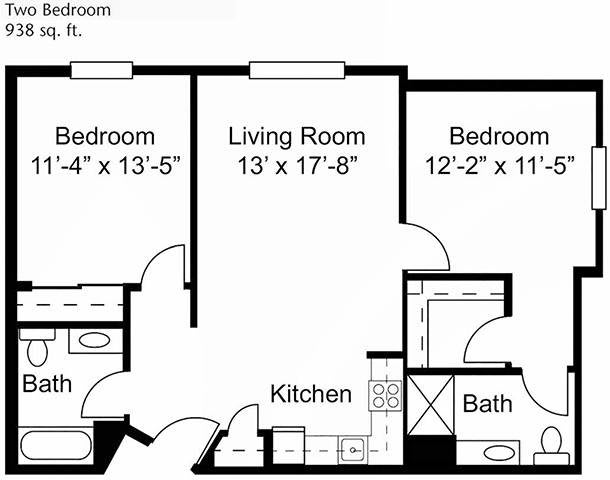 A floor plan of a two-bedroom apartment with a living room, kitchen, and bathroom.