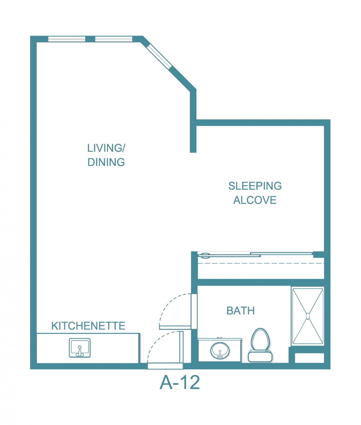 A floor plan of a studio apartment featuring a living/dining area, a sleeping alcove, a kitchenette, and a bathroom.