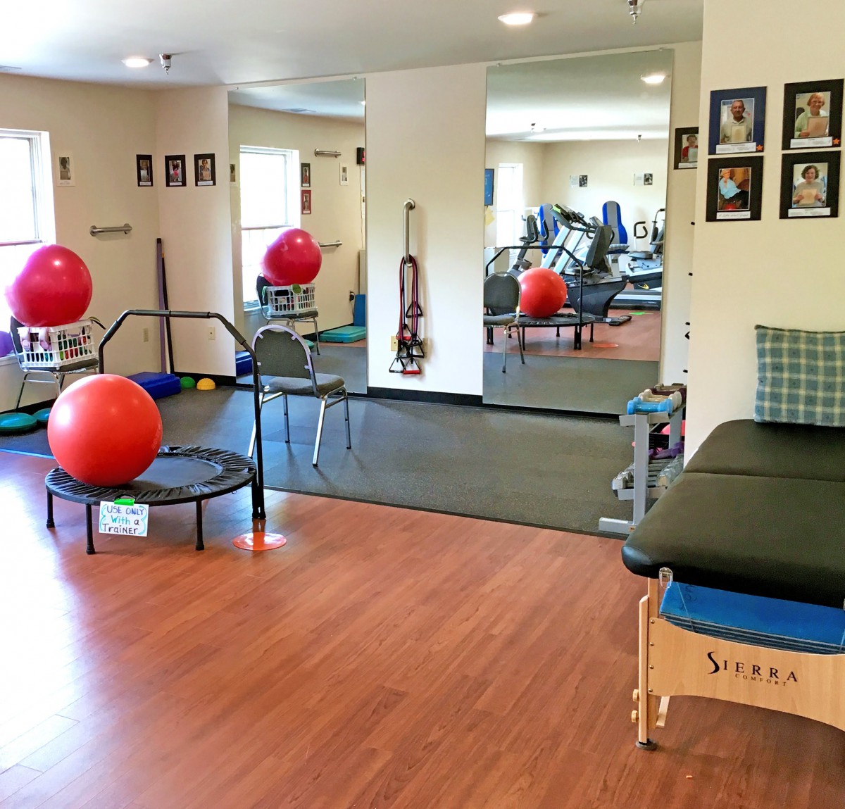 A physical therapy room equipped with exercise equipment and large red therapy balls.
