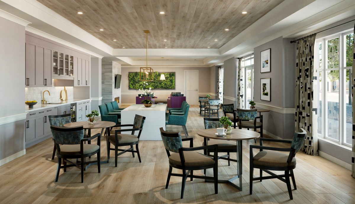 A modern dining area with stylish furniture and elegant lighting.