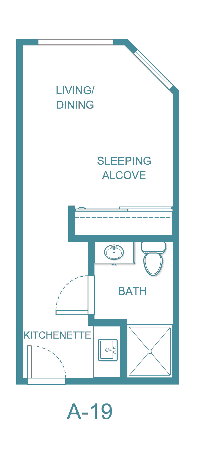 A floor plan showing a sleeping alcove and bathroom layout.