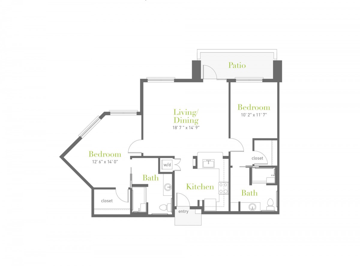 A floor plan of a two-bedroom apartment with a living room, kitchen, patio, and one bathroom.
