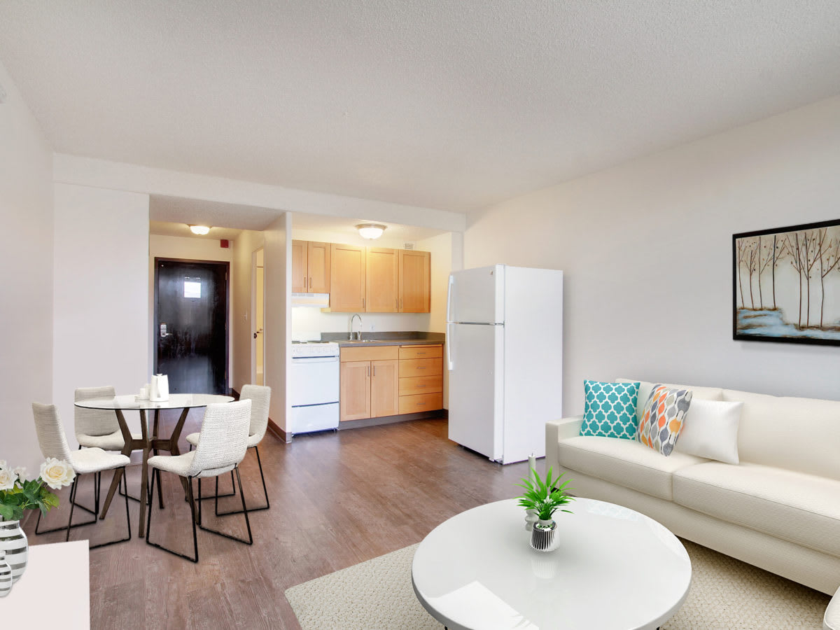 A modern apartment interior featuring an open-concept living room and kitchen.