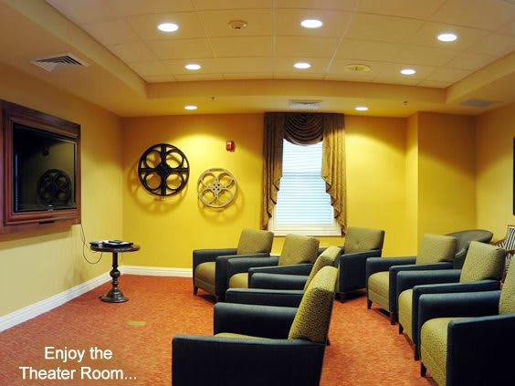 A cozy movie room with comfortable seating and decorative wall elements.