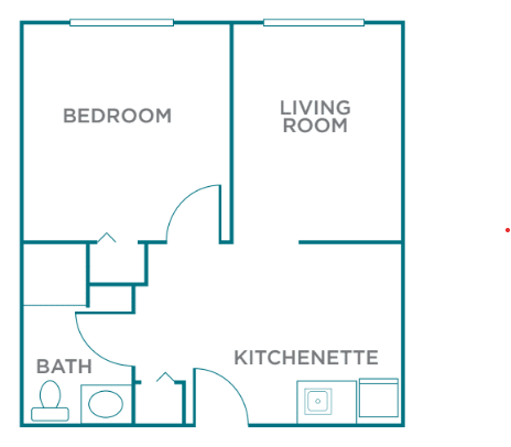 A simple one-bedroom apartment floor plan with a living room, kitchenette, and bathroom.