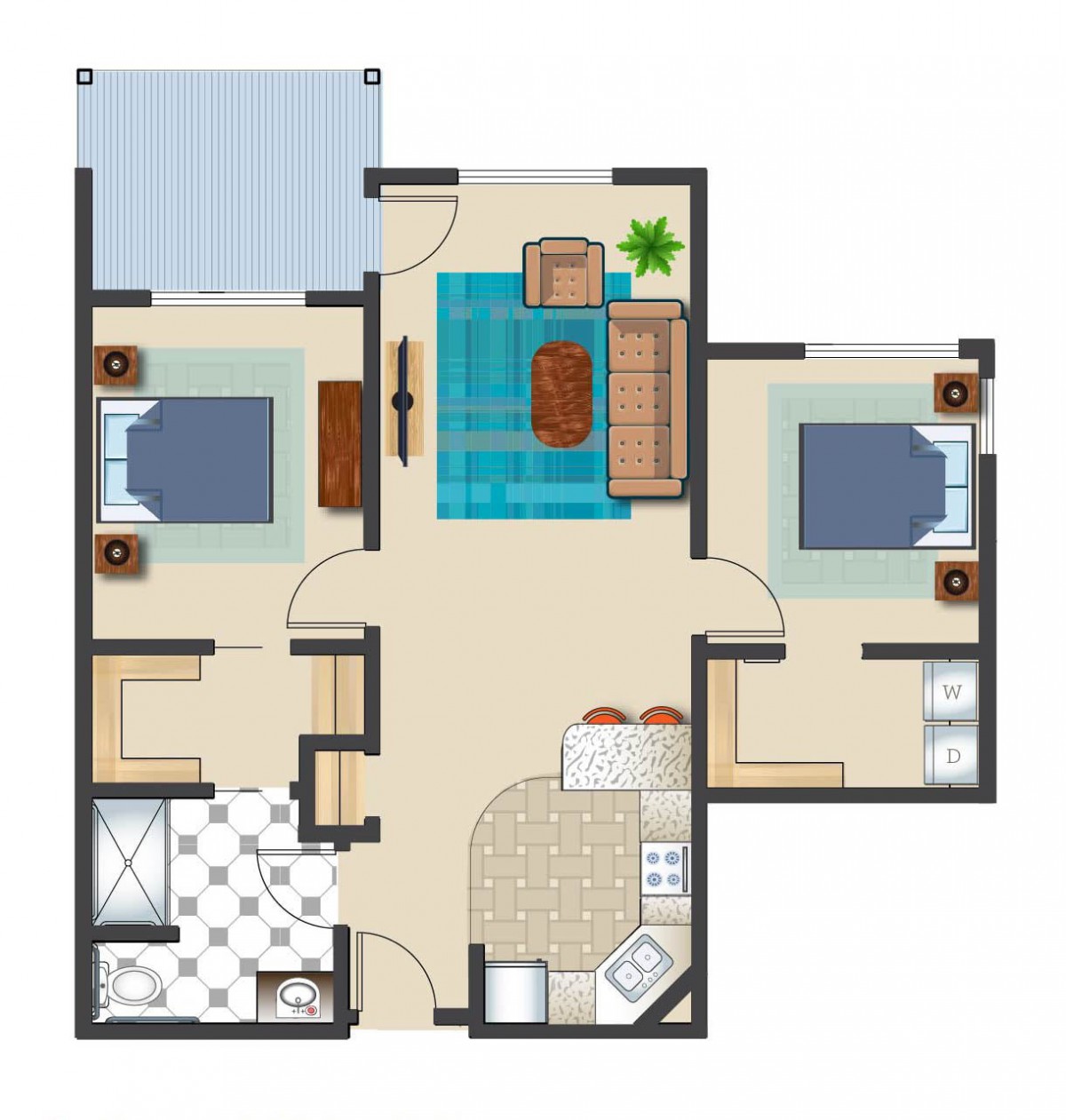 A floor plan of an apartment featuring two bedrooms, a living area, a kitchen, and a bathroom.