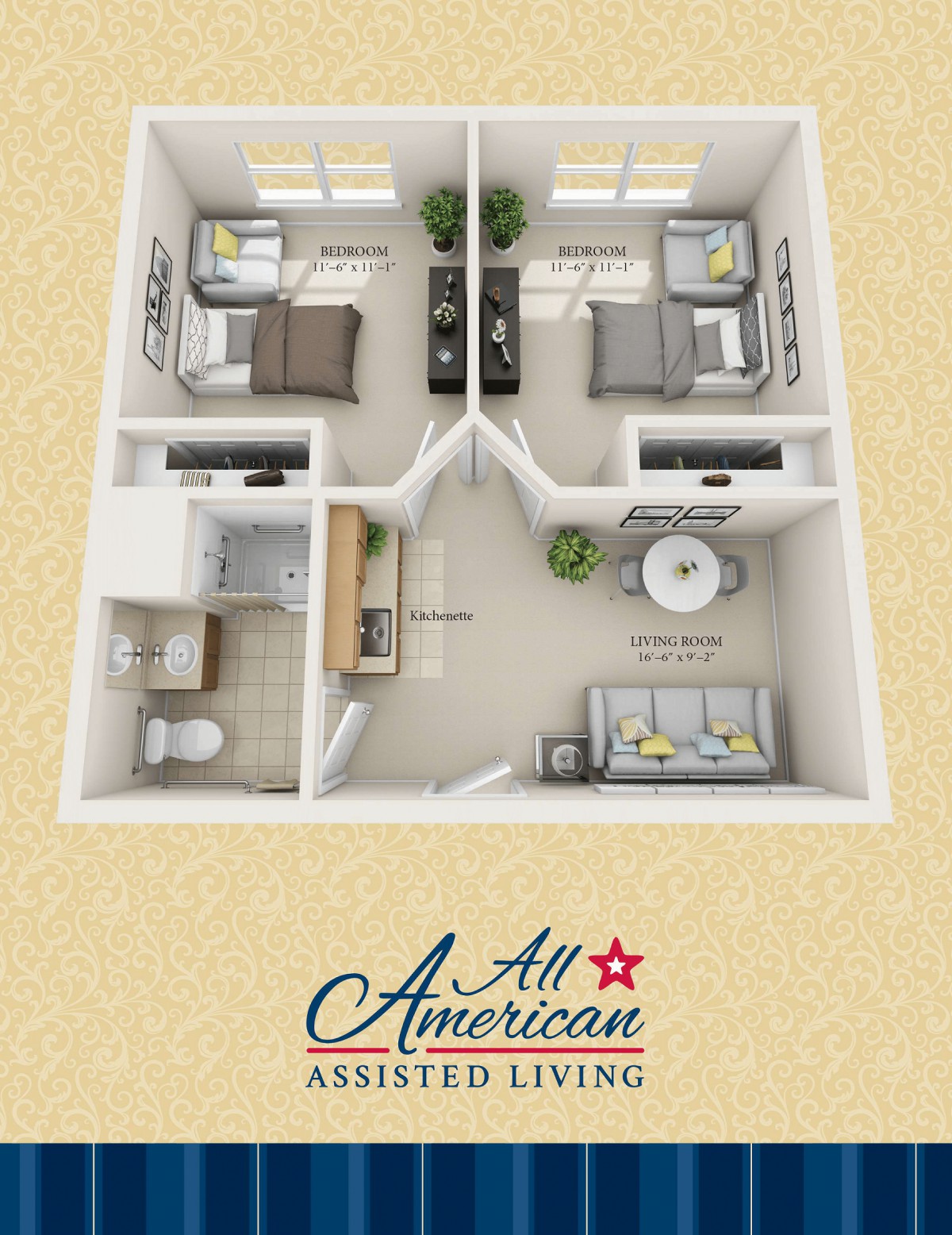 A floor plan of a two-bedroom assisted living apartment with labeled rooms for All American Assisted Living.