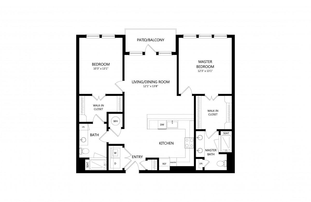 This image shows a floor plan of an apartment with two bedrooms, a living/dining room, kitchen, bathrooms, and a balcony.