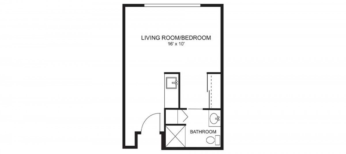 Studio apartment floor plan with living room/bedroom and bathroom.