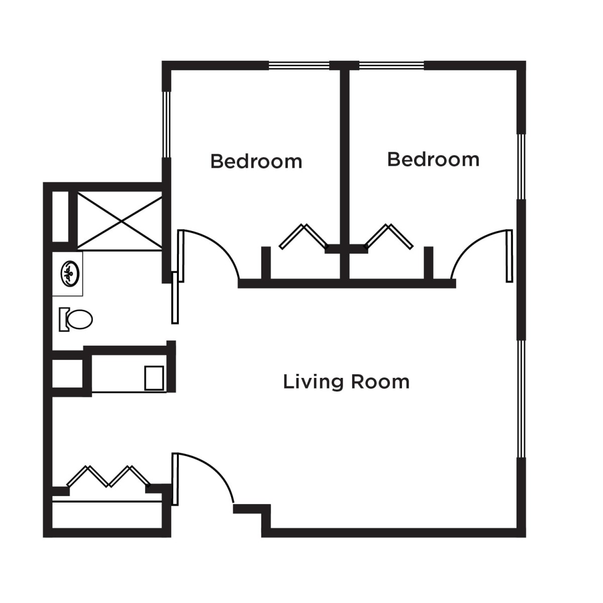 A simple floor plan showing two bedrooms, a living room, and a bathroom.