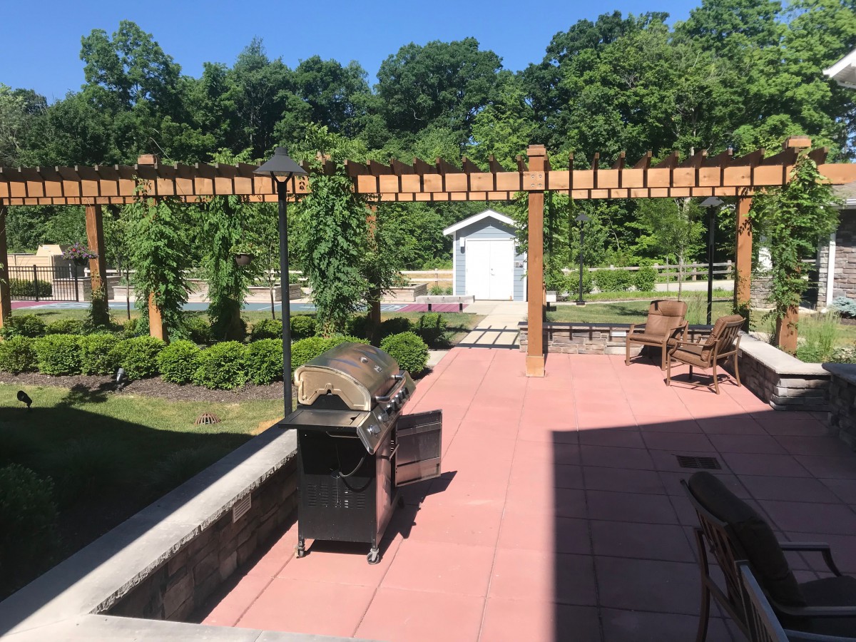 A sunny patio area with a pergola, garden, and outdoor grill.