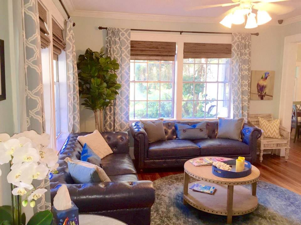 A cozy living room with comfortable sofas and a coffee table.