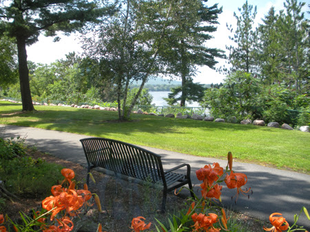 A tranquil park scene featuring a bench surrounded by vibrant flowers, with a view of the water in the background.