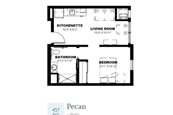 Floor plan of a one-bedroom apartment featuring a kitchenette, living room, and bathroom.
