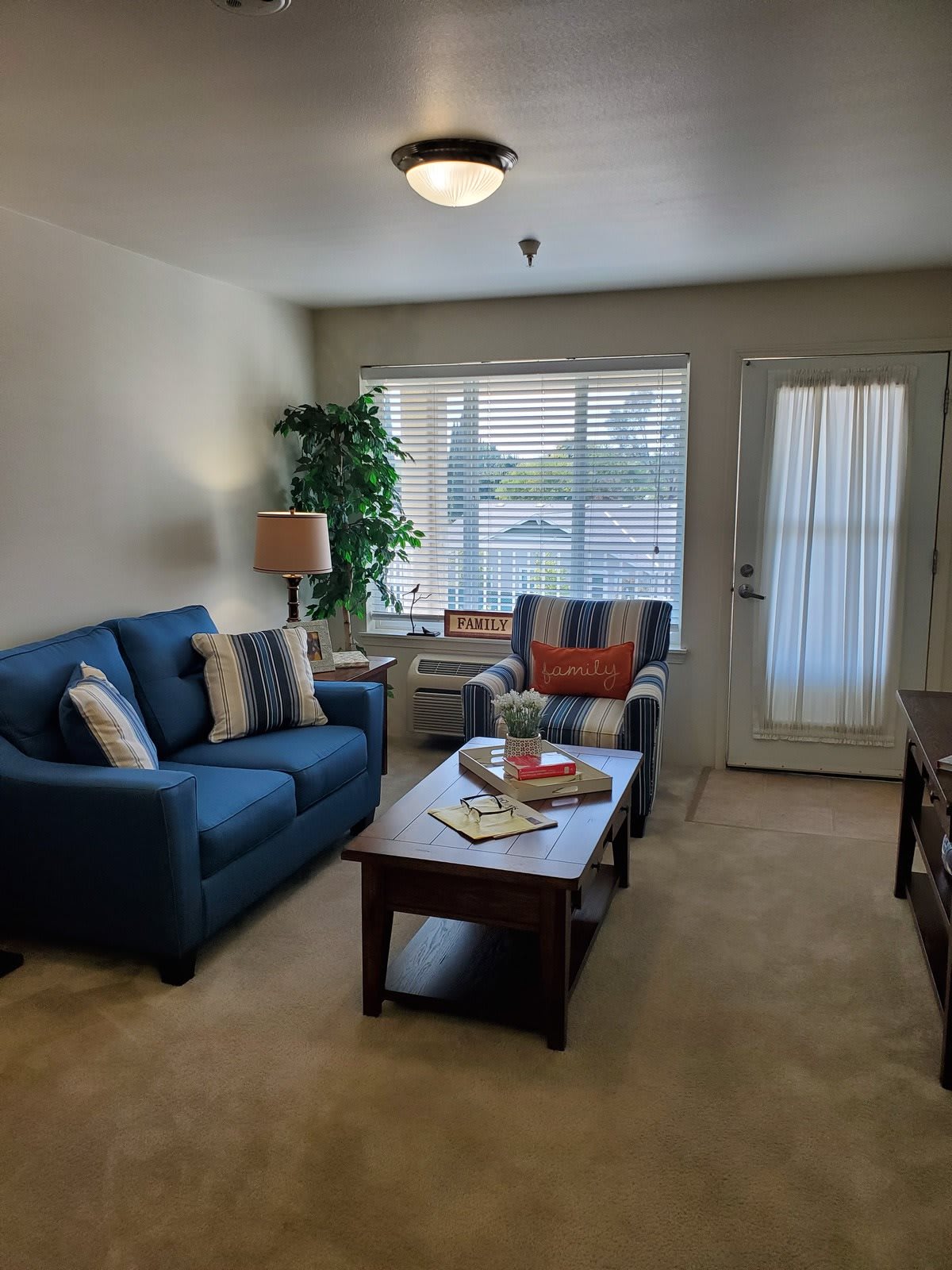 A cozy living room with a blue sofa and a single armchair, complemented by a coffee table and decorative elements such as a lamp and plant.