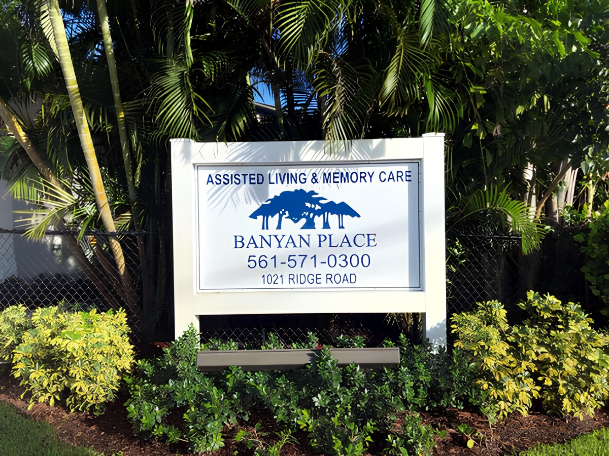 Sign for Banyan Place, an assisted living and memory care facility.
