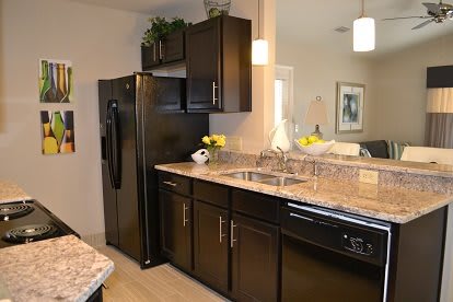 A modern kitchen with dark cabinets, a sleek refrigerator, and granite countertops.