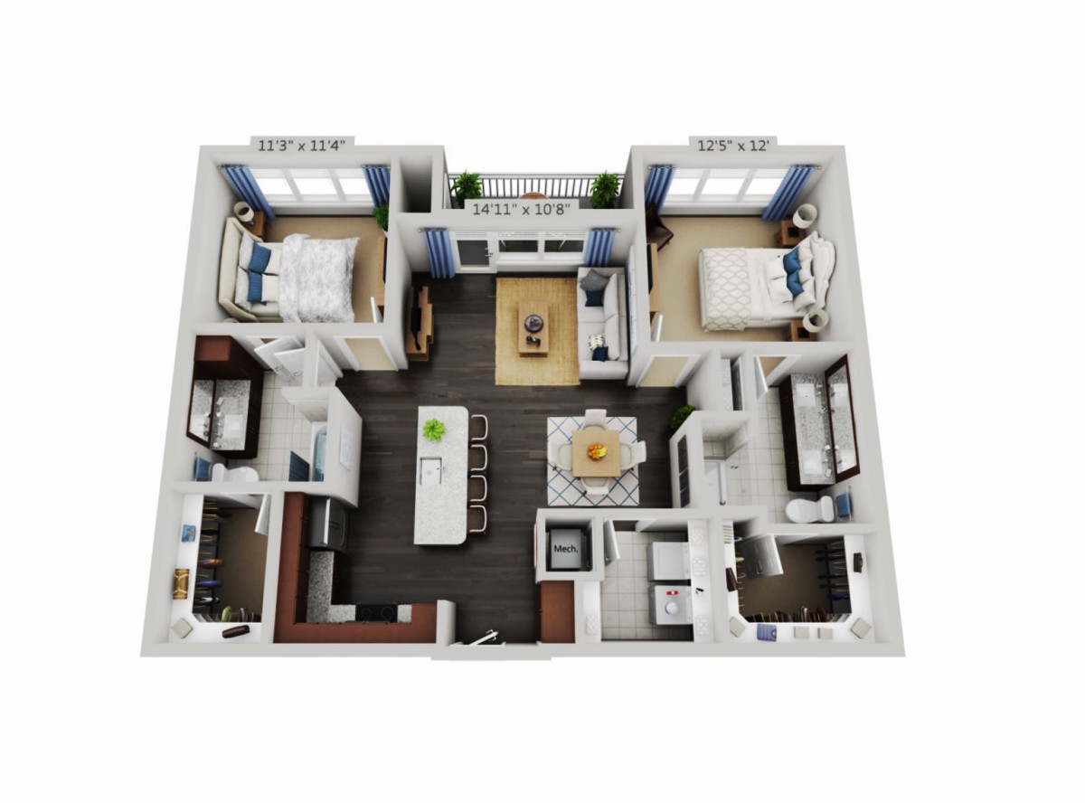 3D floor plan of a two-bedroom apartment with kitchen and living room.