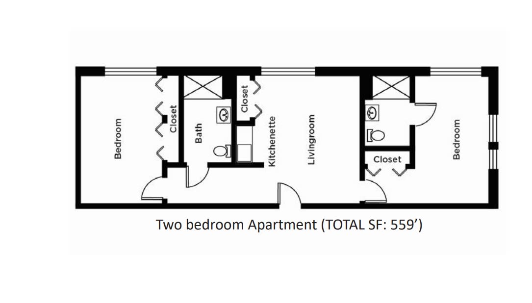 A floor plan of a two-bedroom apartment with labeled rooms and total square footage.