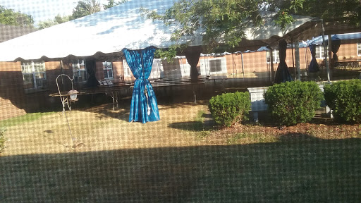A view of a tent with blue curtains set up in a grassy area, surrounded by bushes.