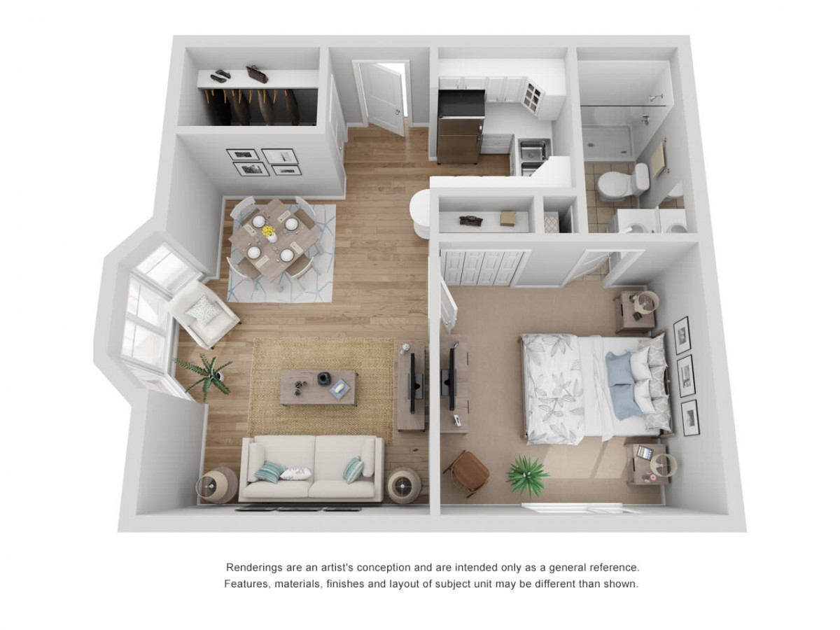 A modern 1-bedroom apartment floor plan featuring a spacious layout with a cozy living room, dining area, kitchen, and bathroom.