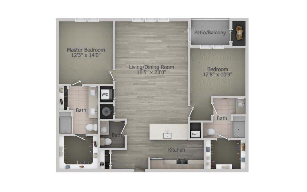 A floor plan of a two-bedroom apartment with labeled dimensions and designated living areas.