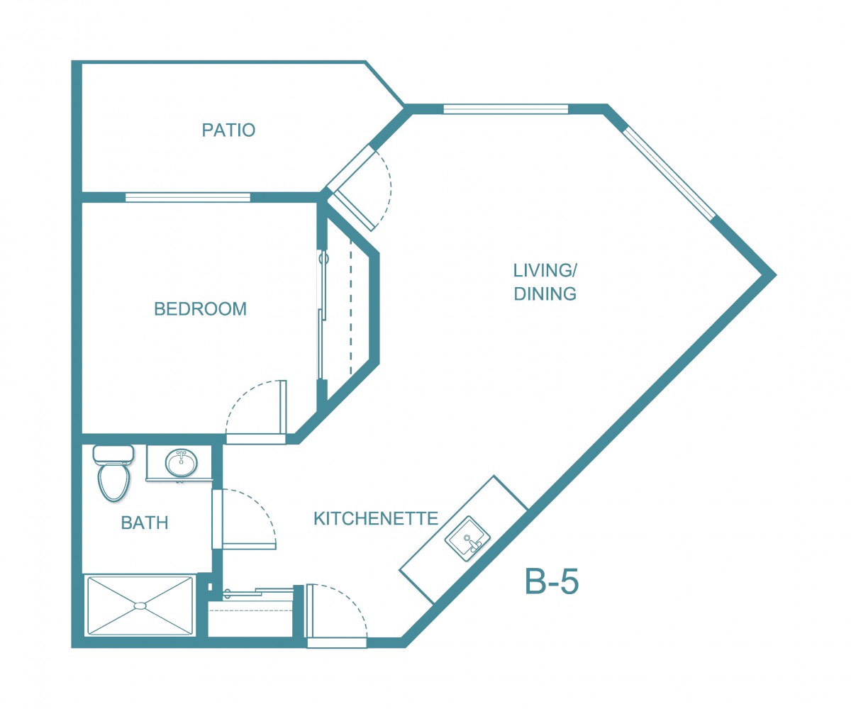 A floor plan of an apartment labeled B-5, featuring a living/dining area, kitchenette, bedroom with patio access, and a bathroom.