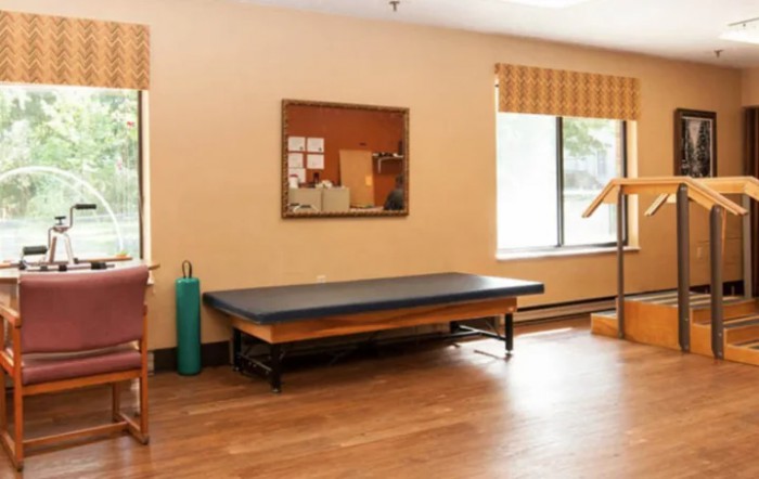 A minimalistic therapy room with an exercise mat and large window.