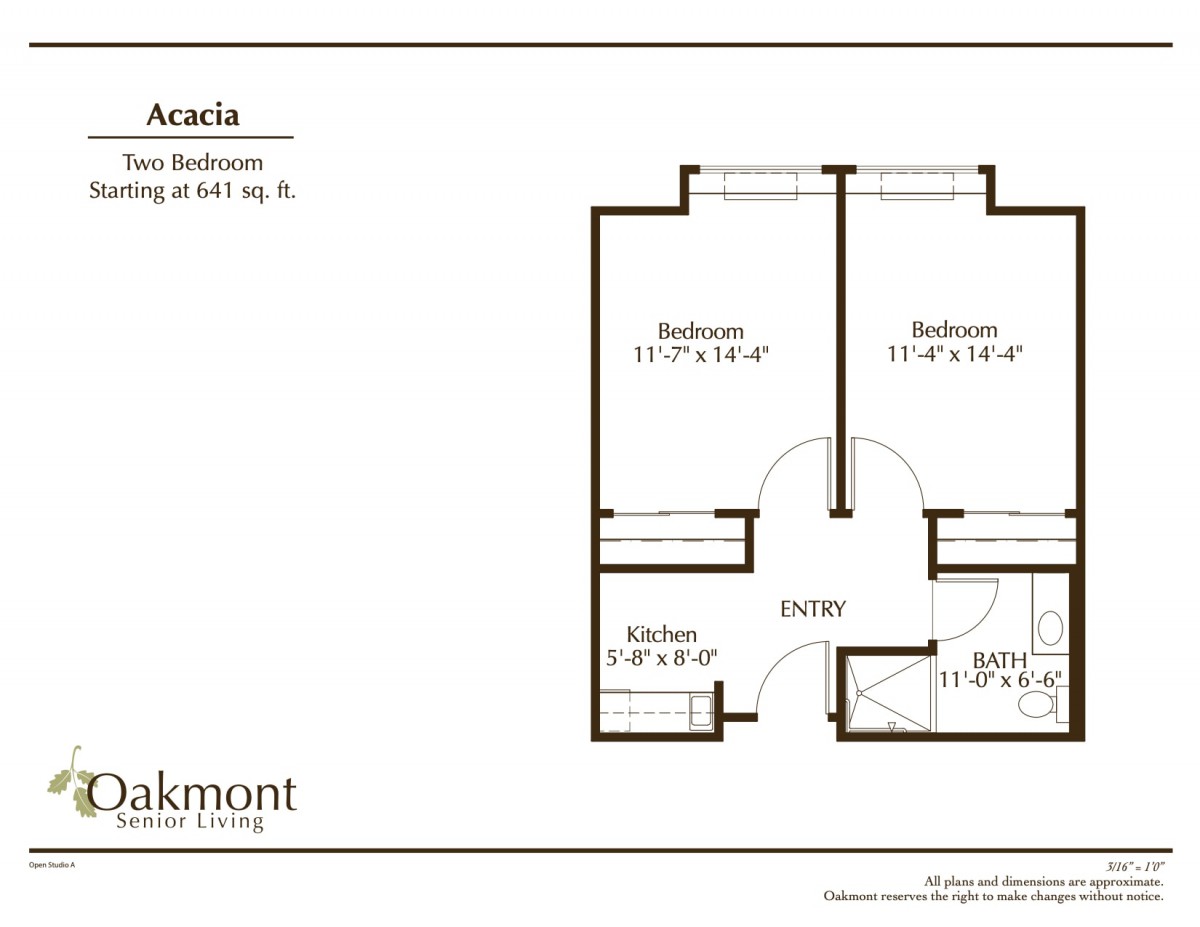 Floor plan of a two-bedroom apartment with designated areas for living space and bathrooms.