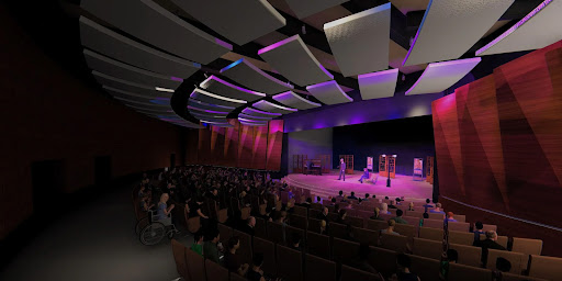 A vibrant performance taking place in a modern auditorium, with colorful lighting and an engaged audience.