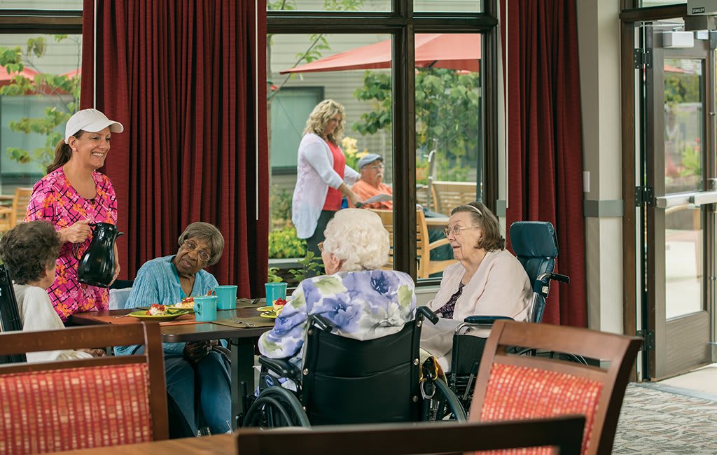 A group of seniors in wheelchairs having a conversation inside a nursing home, while caregivers attend to tasks outside the window.