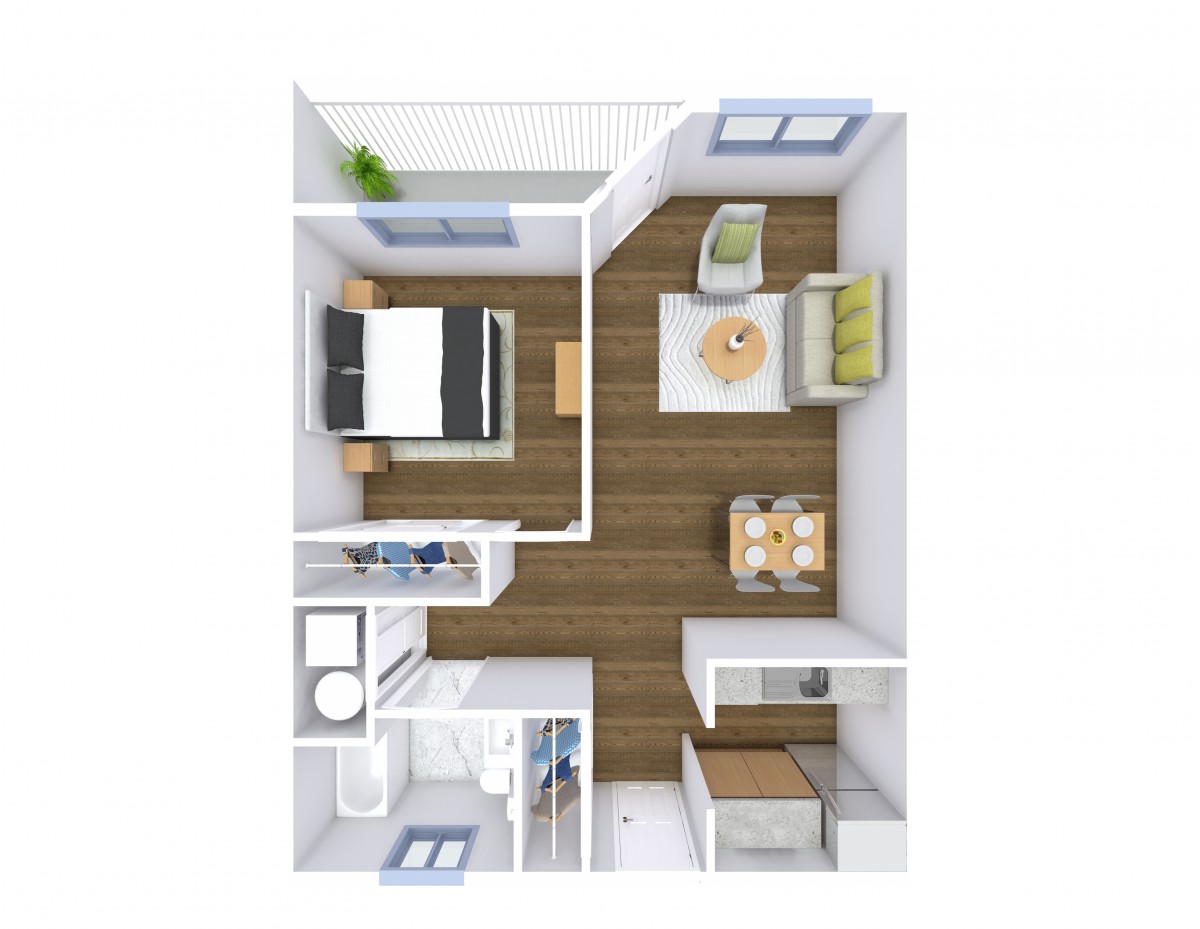 A top-down view of a one-bedroom apartment floor plan featuring a bedroom, living area, kitchen, and bathroom.