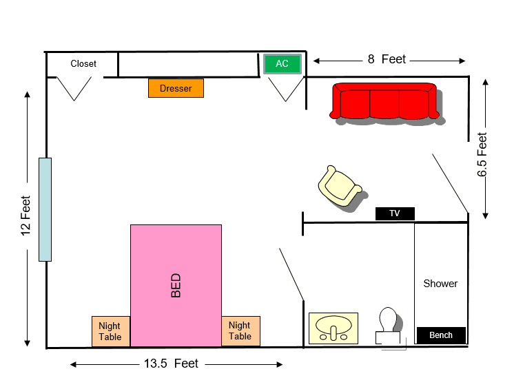 A floor plan illustrating the layout of a bedroom with labeled furniture and dimensions.