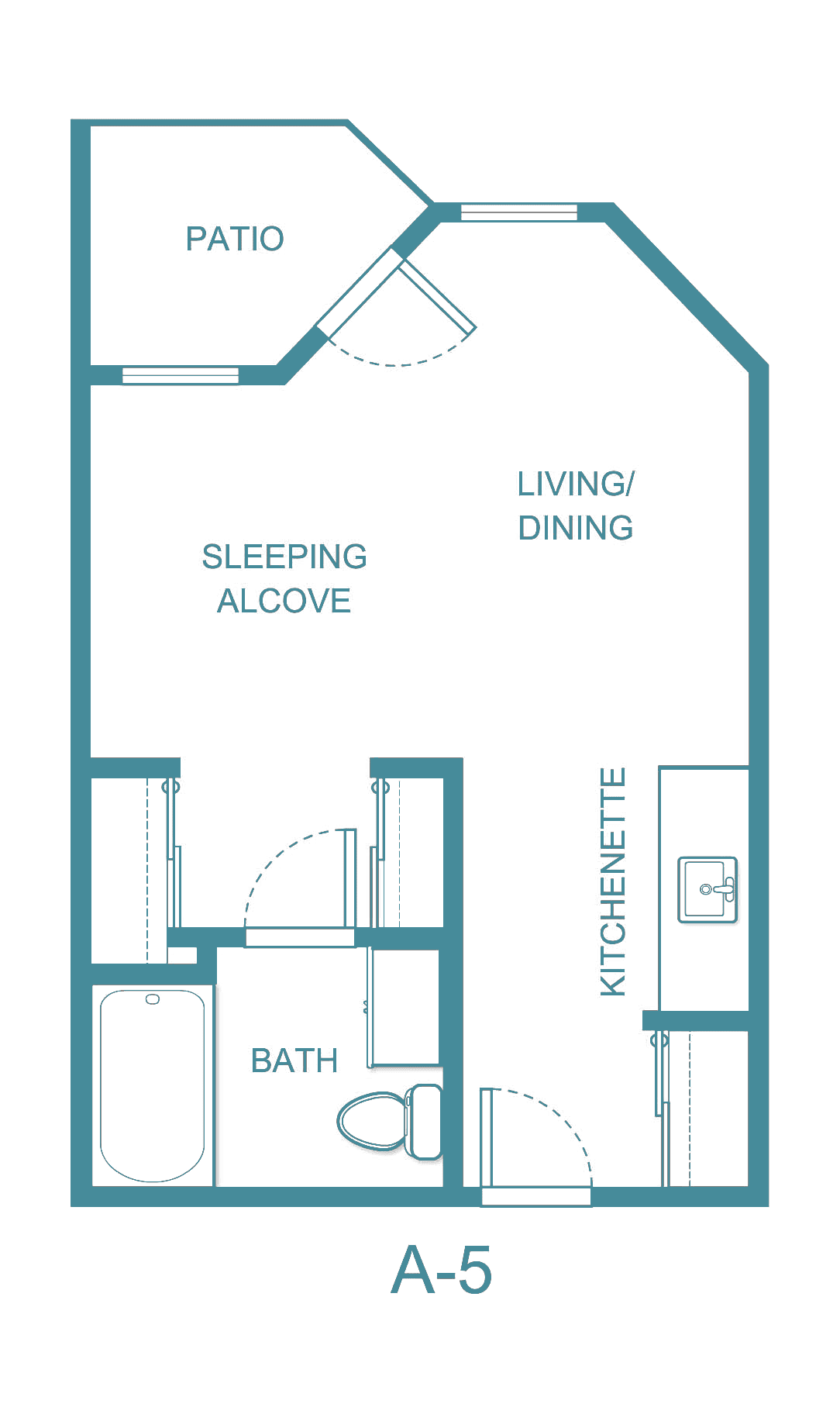 A floor plan of a studio apartment with designated areas for sleeping, living/dining, kitchenette, and bath.