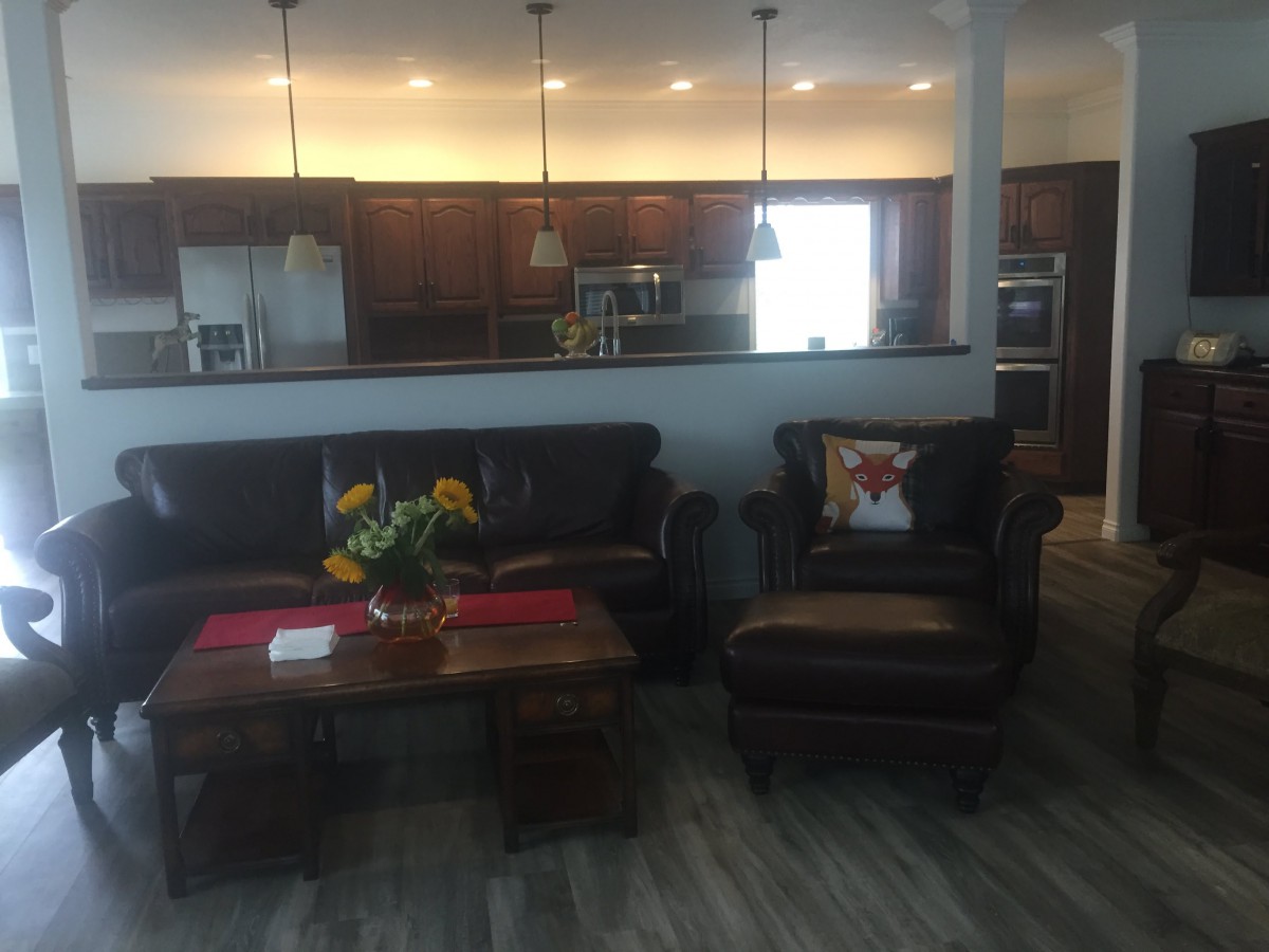An open-concept living room with a view of the kitchen, featuring comfortable seating and warm decor.