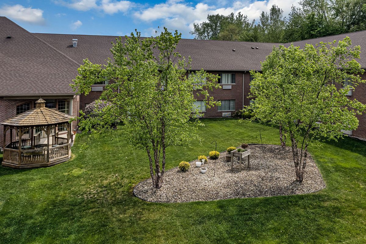 A view of a residential backyard with a lawn, trees, and landscaping on a sunny day.